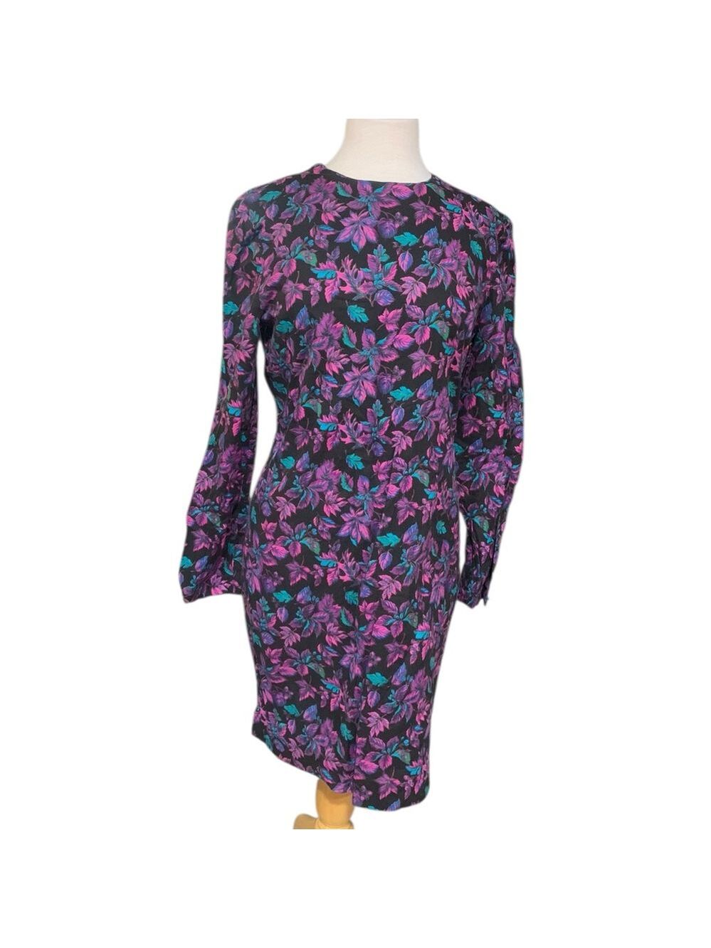 Vintage 60’s handmade purple leaf pattern long sleeved sheath dress sz L